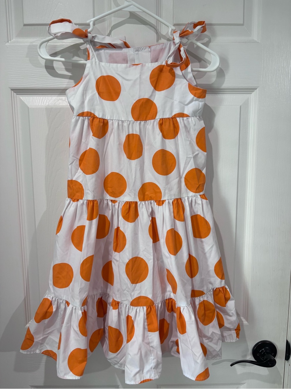 Kelly’s kids Girls' White Dress with Orange Polka Dots - Tie Shoulder Sundress